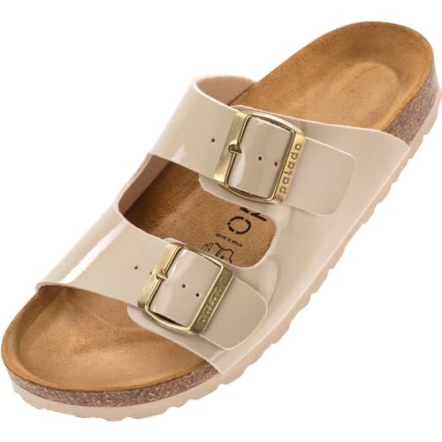 Palado Damen Pantoletten Korfu - Modische Sandalen mit 2 verstellbaren Riemen - Herren Hausschuhe mit Sohle aus feinstem Veloursleder und Natur Kork-Fussbett Lack Creme Beige 37 EU von Palado