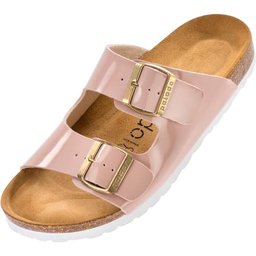 Palado Damen Pantoletten Korfu - Modische Sandalen mit 2 verstellbaren Riemen - Herren Hausschuhe mit Sohle aus feinstem Veloursleder und Natur Kork-Fussbett Lack Creme Rosa 37 EU von Palado