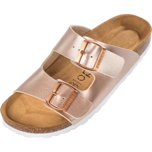 Palado Damen Pantoletten Korfu - Modische Sandalen mit 2 verstellbaren Riemen - Herren Hausschuhe mit Sohle aus feinstem Veloursleder und Natur Kork-Fussbett Metallic Rose 36 EU von Palado