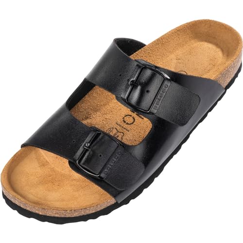 Palado Damen Pantoletten Korfu - Modische Sandalen mit 2 verstellbaren Riemen - Herren Hausschuhe mit Sohle aus feinstem Veloursleder und Natur Kork-Fussbett Metallic Schwarz 36 EU von Palado