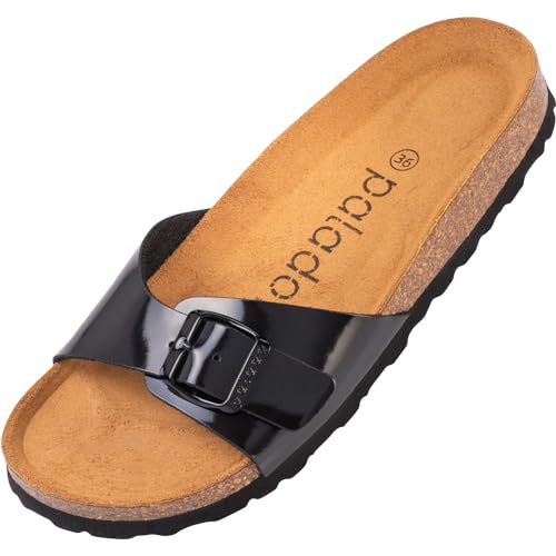 Palado Damen Pantoletten Malta - extra bequeme Sandalen - modische Hausschuhe mit Natur Kork - Made in EU - Sandaletten mit Sohle aus feinstem natur Leder Basic Lack Schwarz 41 EU von Palado