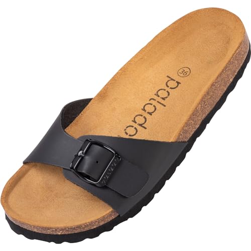 Palado Damen Pantoletten Malta - elegante Sandalen mit verstellbarem Riemen - Hausschuhe für Frauen mit Kork-Fussbett - Sandaletten mit Natur Leder-Laufsohle Basic Matt Schwarz 40 EU von Palado