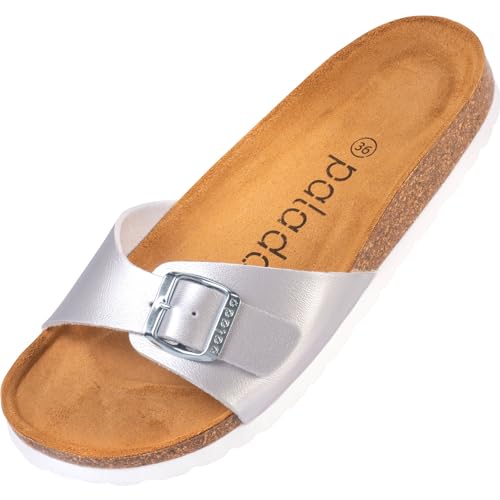 Palado Damen Pantoletten Malta - elegante Sandalen mit verstellbarem Riemen - Hausschuhe für Frauen mit Kork-Fussbett - Sandaletten mit Natur Leder-Laufsohle Silber Matt 42 EU von Palado