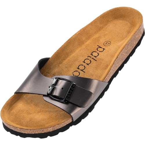 Palado Damen Pantoletten Malta - Elegante Sandalen mit verstellbarem Riemen - Hausschuhe für Frauen mit Kork-Fussbett - Sandaletten mit Natur Leder-Laufsohle Metallic Antra 37 EU von Palado