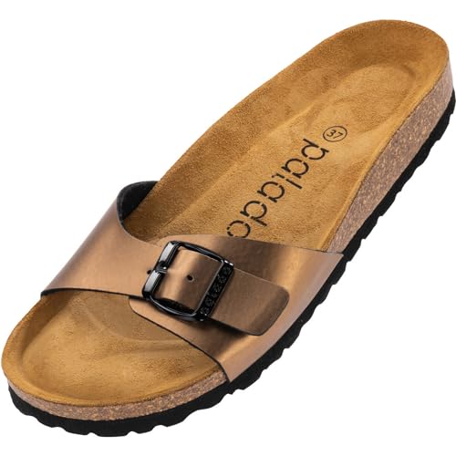 Palado Damen Pantoletten Malta - elegante Sandalen mit verstellbarem Riemen - Hausschuhe für Frauen mit Kork-Fussbett - Sandaletten mit Natur Leder-Laufsohle Metallic Bronze 40 EU von Palado