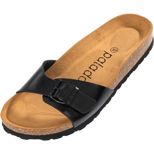 Palado Damen Pantoletten Malta - elegante Sandalen mit verstellbarem Riemen - Hausschuhe für Frauen mit Kork-Fussbett - Sandaletten mit Natur Leder-Laufsohle Metallic Schwarz 36 EU von Palado