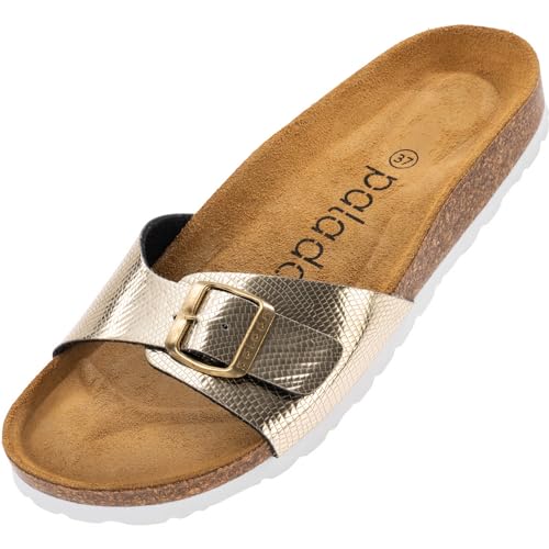 Palado Damen Pantoletten Malta - elegante Sandalen mit verstellbarem Riemen - Hausschuhe für Frauen mit Kork-Fussbett - Sandaletten mit Natur Leder-Laufsohle Metallic Snake Gold 38 EU von Palado