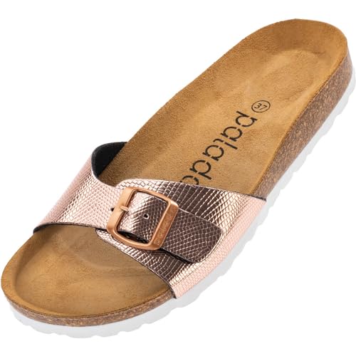 Palado Damen Pantoletten Malta - elegante Sandalen mit verstellbarem Riemen - Hausschuhe für Frauen mit Kork-Fussbett - Sandaletten mit Natur Leder-Laufsohle Metallic Snake Rose 38 EU von Palado