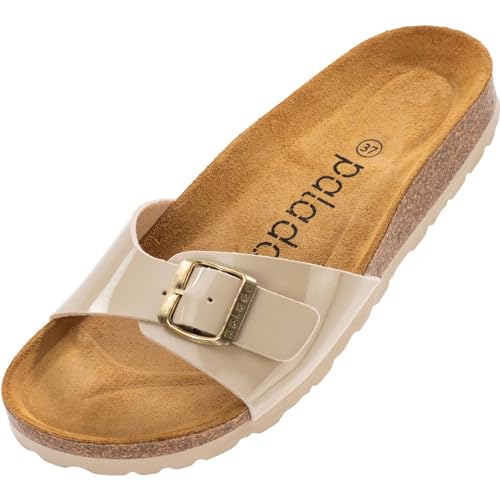 Palado Damen Pantoletten Malta - extra bequeme Sandalen - modische Hausschuhe mit Natur Kork - Made in EU - Sandaletten mit Sohle aus feinstem natur Leder Lack Creme Beige 42 EU von Palado