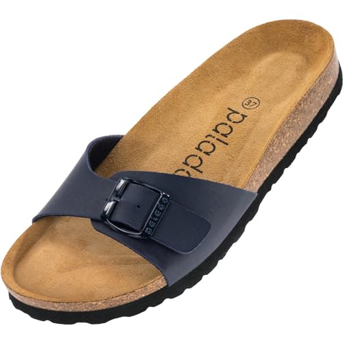 Palado Damen Pantoletten Malta - elegante Sandalen mit verstellbarem Riemen - Hausschuhe für Frauen mit Kork-Fussbett - Sandaletten mit Natur Leder-Laufsohle Basic Matt Blau 42 EU von Palado