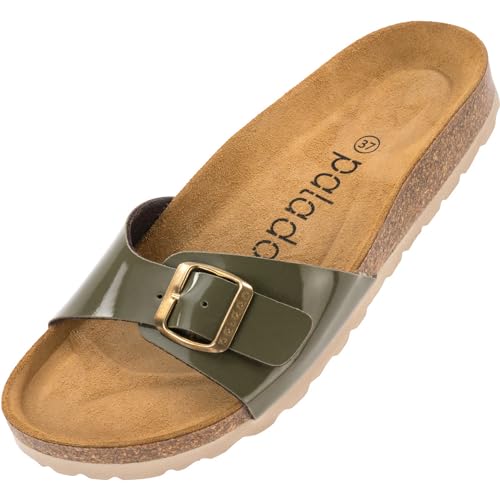 Palado Damen Pantoletten Malta - elegante Sandalen mit verstellbarem Riemen - Hausschuhe für Frauen mit Kork-Fussbett - Sandaletten mit Natur Leder-Laufsohle Lack Creme Olive 37 EU von Palado