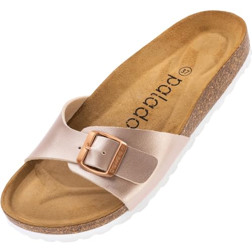 Palado Damen Pantoletten Malta - elegante Sandalen mit verstellbarem Riemen - Hausschuhe für Frauen mit Kork-Fussbett - Sandaletten mit Natur Leder-Laufsohle Rose(Metallic) 39 EU von Palado