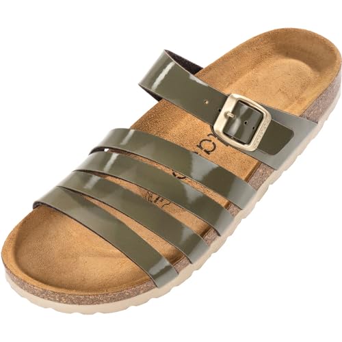 Palado Damen Pantoletten Roma - bequeme Sandaletten mit Kork-Fussbett - modische Hausschuhe mit verstellbarem Riemen - Sandalen für Frauen mit Leder-Laufsohle Lack Grün Olive UK5,5 - EU38 von Palado