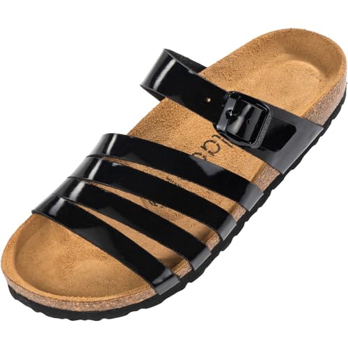 Palado Damen Pantoletten Roma - bequeme Sandaletten mit Kork-Fussbett - modische Hausschuhe mit verstellbarem Riemen - Sandalen für Frauen mit Leder-Laufsohle Lack Schwarz UK4,5 - EU37 von Palado