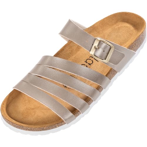 Palado Damen Pantoletten Roma - bequeme Sandaletten mit Kork-Fussbett - modische Hausschuhe mit verstellbarem Riemen - Sandalen für Frauen mit Leder-Laufsohle Gold/Gold UK4,5 - EU37 von Palado