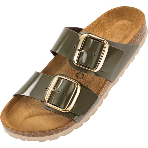 Palado Damen Pantoletten Samos GS - Sandalen mit verstellbaren Riemen - Hausschuhe - Natur Kork-Fussbett - extra bequem mit Sohle aus Velourleder Lack Olive UK4,5 - EU37 von Palado