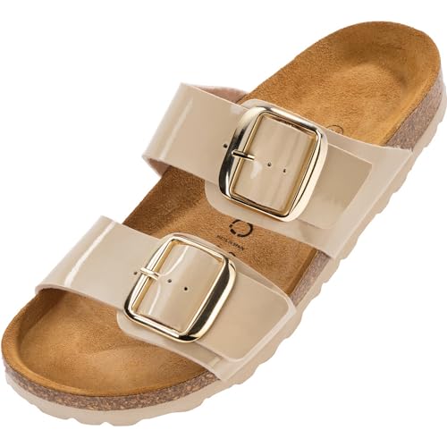 Palado Damen Pantoletten Samos GS - Sandalen mit verstellbaren Riemen - Hausschuhe - Natur Kork-Fussbett - extra bequem mit Sohle aus Velourleder Lack Creme UK3,5 - EU36 von Palado