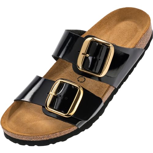 Palado Damen Pantoletten Samos GS - Sandalen mit verstellbaren Riemen - Hausschuhe - Natur Kork-Fussbett - extra bequem mit Sohle aus Velourleder Lack Schwarz UK3,5 - EU36 von Palado