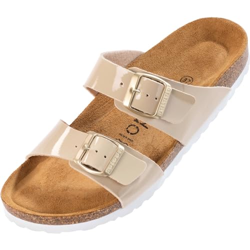 Palado Damen Pantoletten Samos - Schuhe mit verstellbaren Riemen - Hausschuhe mit Sohle aus feinstem Veloursleder - Sandalen mit Natur Kork-Fußbett Lack Beige 38 EU von Palado