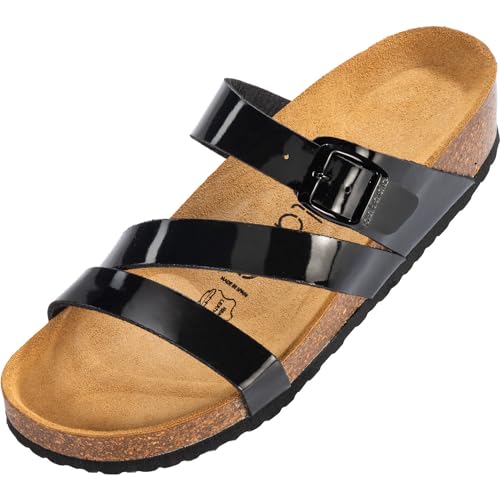 Palado Pantoletten Damen Chios - bequeme Sandalen Made in Spain - Hausschuhe mit dämpfendem Kork-Fußbett - modische Sommerschuhe Basic Schwarz Lack UK8 - EU41 von Palado