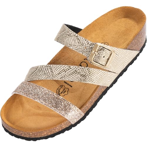 Palado Damen Keil-Pantoletten Chios - Outdoor Hausschuhe mit verstellbarem Riemen - Sandalen mit Sohle aus feinstem Veloursleder - Schuhe mit Natur Kork-Fußbett Pyth Gold 42 EU von Palado