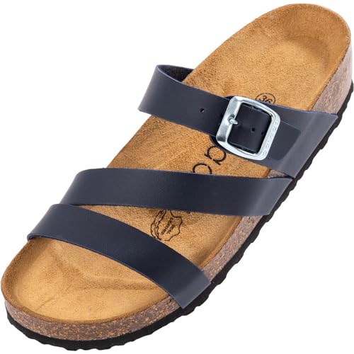 Palado Damen Keil-Pantoletten Chios - Outdoor Hausschuhe mit verstellbarem Riemen - Sandalen mit Sohle aus feinstem Veloursleder - Schuhe mit Natur Kork-Fußbett Basic Blau Matt 42 EU von Palado