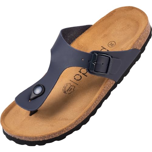 Palado Damen Zehentrenner Kos - Modische Pantoletten mit Natur Kork-Fussbett - Frauen Schuhe mit Sohle aus feinstem Veloursleder - angenehme Sandalen Basic Matt Blau 38 EU von Palado