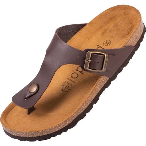 Palado Damen Zehentrenner Kos - Modische Pantoletten mit Natur Kork-Fussbett - Frauen Schuhe mit Sohle aus feinstem Veloursleder - angenehme Sandalen Basic Matt Braun 36 EU von Palado