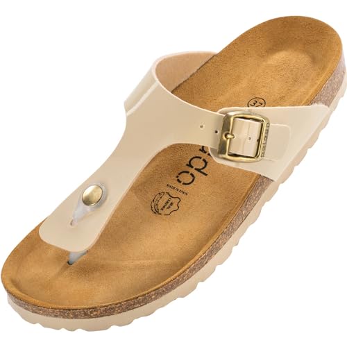 Palado Damen Zehentrenner Kos - Modische Pantoletten mit Kork Fussbett - extra bequeme Sandalen - Made in Spain - mit Sohle aus natur Leder - angenehme Sandalen Lack Cream 38 EU von Palado