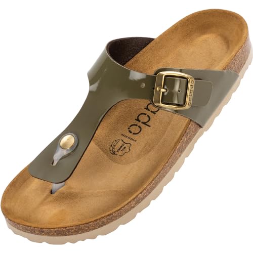 Palado Damen Zehentrenner Kos - Modische Pantoletten mit Natur Kork-Fussbett - Frauen Schuhe mit Sohle aus feinstem Veloursleder - angenehme Sandalen Lack Khaki 36 EU von Palado