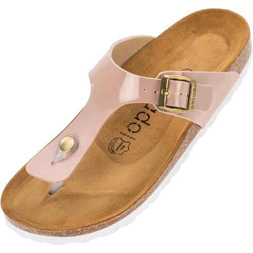 Palado Damen Zehentrenner Kos - Modische Pantoletten mit Natur Kork-Fussbett - Frauen Schuhe mit Sohle aus feinstem Veloursleder - angenehme Sandalen Lack Rosa 36 EU von Palado