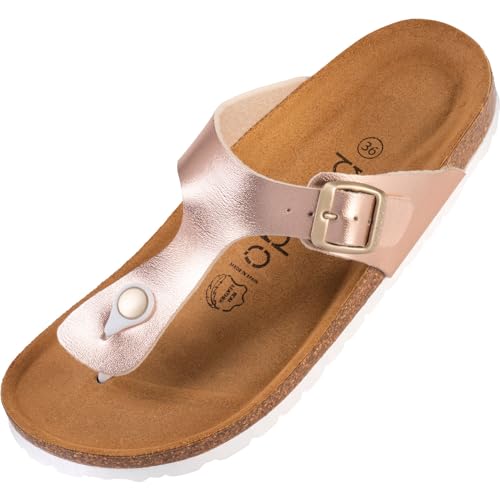 Palado Damen Zehentrenner Kos - Modische Pantoletten mit Natur Kork-Fussbett - Frauen Schuhe mit Sohle aus feinstem Veloursleder - angenehme Sandalen Metallic Matt Rose 41 EU von Palado