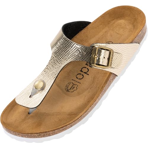 Palado Damen Zehentrenner Kos Titano - Modische Pantoletten mit Natur Kork-Fussbett - Frauen Hausschuhe Sohle aus feinstem Veloursleder - bequeme Sandalen Gold UK3,5 - EU36 von Palado