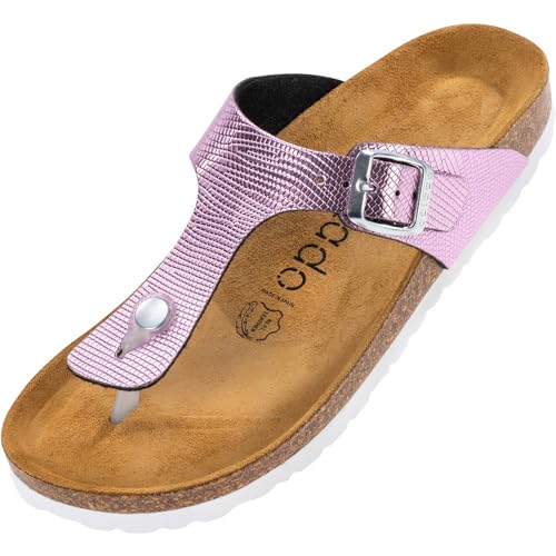 Palado Damen Zehentrenner Kos Titano - Modische Pantoletten mit Natur Kork-Fussbett - Frauen Hausschuhe Sohle aus feinstem Veloursleder - bequeme Sandalen Pink UK5,5 - EU38 von Palado