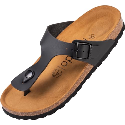 Palado Damen Zehentrenner Kos - Modische Pantoletten mit Natur Kork-Fussbett - Frauen Schuhe mit Sohle aus feinstem Veloursleder - angenehme Sandalen Basic Matt Schwarz 36 EU von Palado