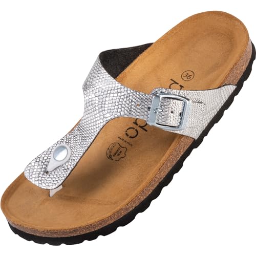 Palado Damen Zehentrenner Kos Titano - Modische Pantoletten mit Natur Kork-Fussbett - Frauen Hausschuhe Sohle aus feinstem Veloursleder - bequeme Sandalen Silber UK3,5 - EU36 von Palado