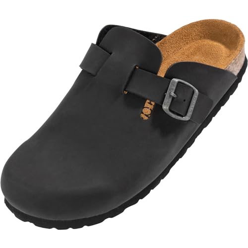 Palado Herren Damen Hausschuhe Kiel - geschlossene Sandalen - extra weiche Innensohle aus Velourleder - Bequeme Clogs - Pantoletten mit Natur Kork-Fußbett Basic Matt Schwarz 42 EU von Palado