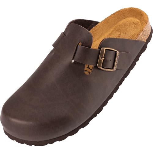 Palado Herren Damen Hausschuhe Kiel - geschlossene Sandalen - extra weiche Innensohle aus Velourleder - Bequeme Clogs - Pantoletten mit Natur Kork-Fußbett Braun 42 EU von Palado