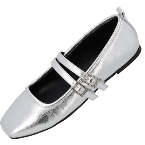 Palado Ballerinas Damen Biaruk by Sila Sahin – elegante Flats aus pflegeleichtem PU-Leder – ungefüttert – mit doppelten Riemen und zeitlosem, femininen Design Silber UK5,5 - EU38 von Palado