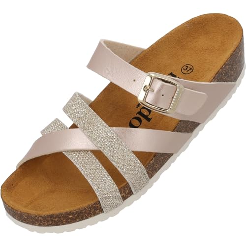 Palado Pantoletten Damen Balmur - modische Sandalen Made in Spain - Hausschuhe mit Kork-Fußbett - bequeme Sommerschuhe Beige Metallic UK6 - EU39 von Palado