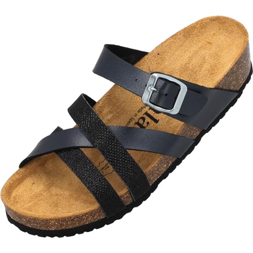 Palado Balmur Damen Pantoletten - Plateau Sandalen mit bequemen Riemen - Hausschuhe - Natur Kork-Fussbett - extra Soft mit Sohle aus Velourleder Schwarz Metallic UK5,5 - EU38 von Palado