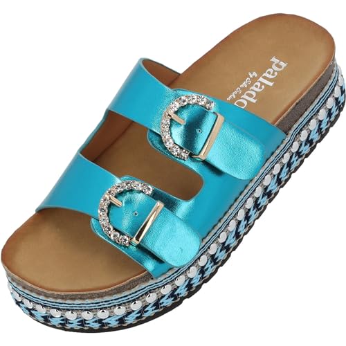 Palado Chag by Sila Sahin Mules Damen - modische Plateau Pantoletten - elegante Hausschuhe für Frauen mit Absatz - Schuhe mit Strasssteinen Blau Metallic UK3,5 - EU36 von Palado