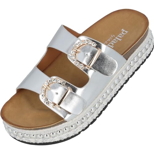 Palado Chag by Sila Sahin Mules Damen - modische Plateau Pantoletten - elegante Hausschuhe für Frauen mit Absatz - Schuhe mit Strasssteinen Silber Metallic UK9 - EU42 von Palado