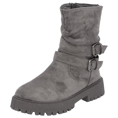 Palado Chelsea Boots Damen Lampione - modische Stiefeletten für Frauen - bequeme Winterschuhe mit 2 Schnallen - elegante Winterstiefel mit Absatz Grau UK6 - EU39 von Palado