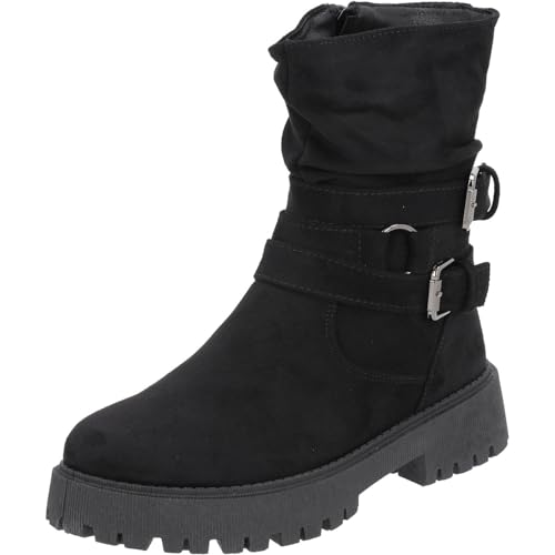 Palado Chelsea Boots Damen Lampione - modische Stiefeletten für Frauen - bequeme Winterschuhe mit 2 Schnallen - elegante Winterstiefel mit Absatz Schwarz UK6 - EU39 von Palado