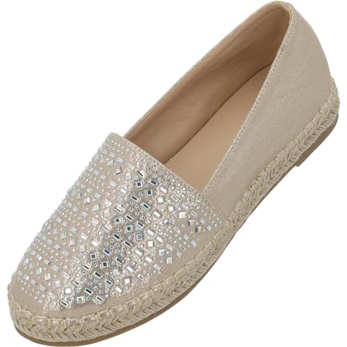 Palado Chesu by Sila Sahin Espadrilles Damen - modische Stoffschuhe für Frauen - leichte Ballerina elegant- Bequeme Flache Sommerschuhe mit Strasssteinen Gold Metallic UK6 - EU39 von Palado