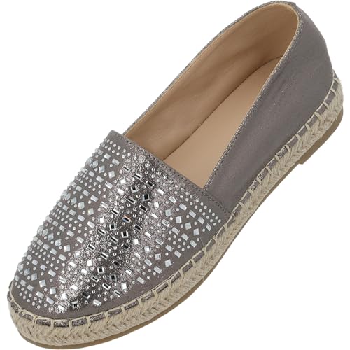 Palado Chesu by Sila Sahin Espadrilles Damen - modische Stoffschuhe für Frauen - leichte Ballerina elegant- Bequeme Flache Sommerschuhe mit Strasssteinen Grau Metallic UK5,5 - EU38 von Palado