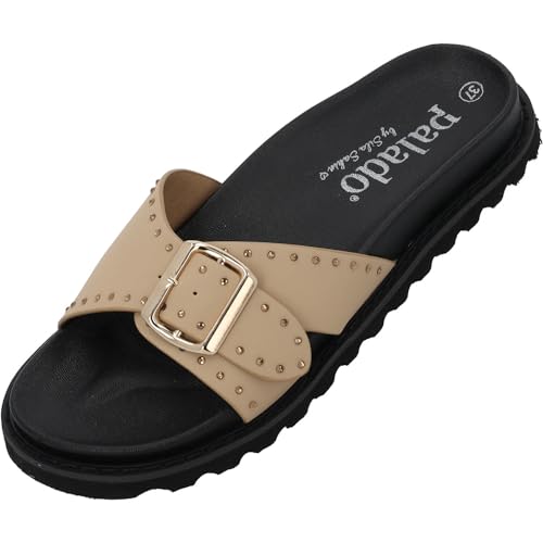 Palado Pantoletten Damen Cirlo by Sila Sahin - bequeme Sandalen - elegante Hausschuhe - modische Sommerschuhe mit Nieten Beige UK5,5 - EU38 Palado Pantoletten Damen Cirlo by Sila Sahin - bequeme Sandalen - elegante Hausschuhe - modische Sommerschuhe mit Nieten Beige UK5,5 - EU38 von Palado