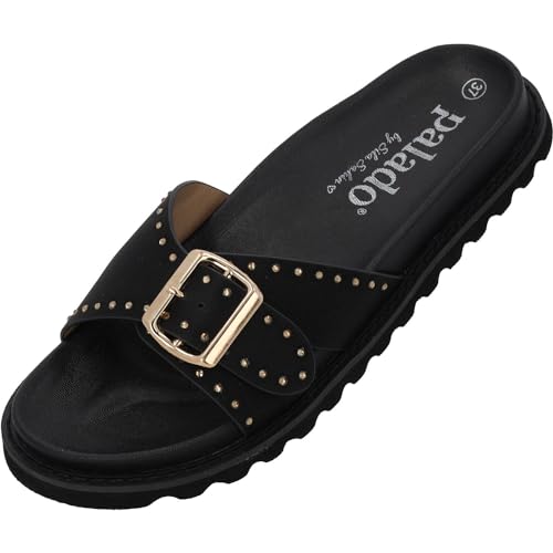 Palado Pantoletten Damen Cirlo by Sila Sahin - bequeme Sandalen - elegante Hausschuhe - modische Sommerschuhe mit Nieten Schwarz UK7 - EU40 von Palado