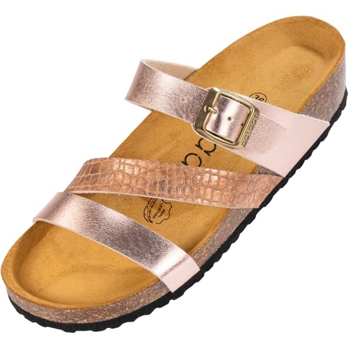 Palado Damen Keil-Pantoletten Chios - Outdoor Hausschuhe mit verstellbarem Riemen - Sandalen mit Sohle aus feinstem Veloursleder - Schuhe mit Natur Kork-Fußbett Metallic Rose 39 EU von Palado